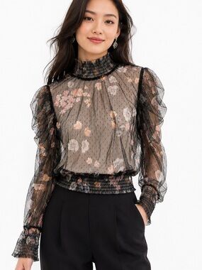 NWT Y2K sheer M LIFE Black Sheer Floral smocked -Neck Blouse romanric fairy chic